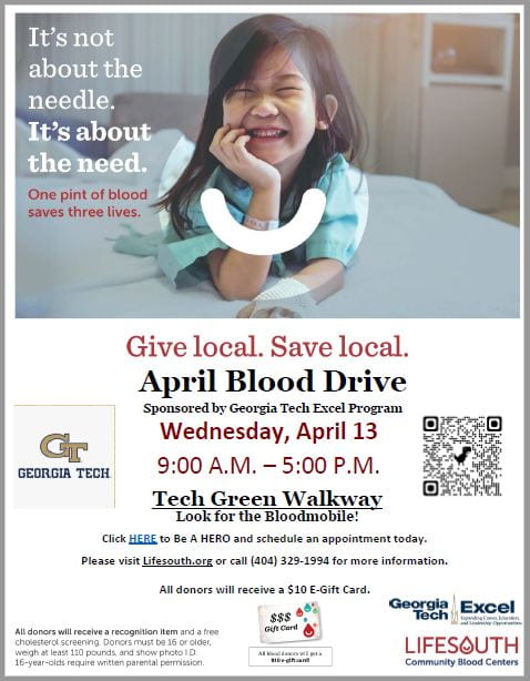 GT Excel Program April Blood Drive flyer